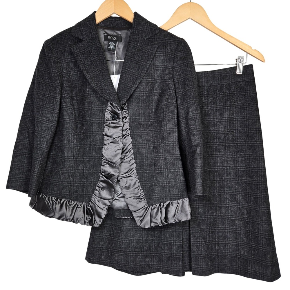 Body by Victoria Plaid Wool Blend Blazer Skirt Suit Set Size 10